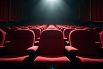 Obraz premium Empty movie theater with spotlight casting a solitary beam on the stage, symbolizing the power of imagination and the potential for new beginnings in a quiet, reflective space.