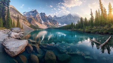 A serene lake reflects the majestic mountains and vibrant sky at sunset, with rocky shores and tall evergreens framing the tranquil waters, creating a peaceful atmosphere
