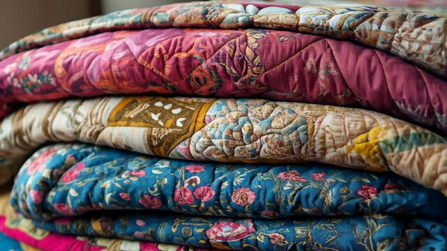 Colorful hand-stitched quilts stacked neatly in a cozy room during the afternoon light