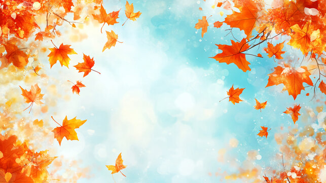 Autumn leaves, autumn background with orange maple leaves against blue sky with free space for text, autumn leaves background,Generative ai
