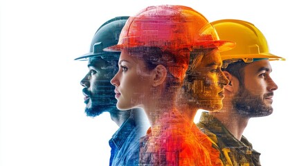 Three construction professionals are depicted in profile, showcasing a blend of their unique features and hard hats