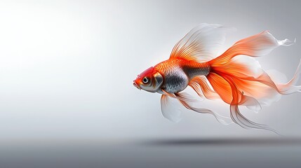 A brilliant goldfish with flowing fins, gracefully swimming, the light reflecting off its scales against a simple white background. Ultra-Realistic, Photo Realistic, highly detailed, 