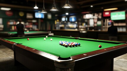 A Close-Up View of a Pool Table with Balls in a Bar Setting