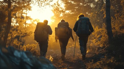 Three hikers with backpacks walking in the forest at sunset, with backlighting creating silhouettes, a close-up shot with a shallow depth of field.