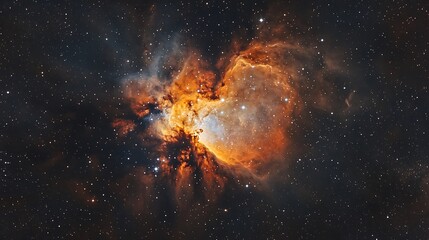 Bright regions of a nebula surrounded by the darkness of space creating a glowing contrast