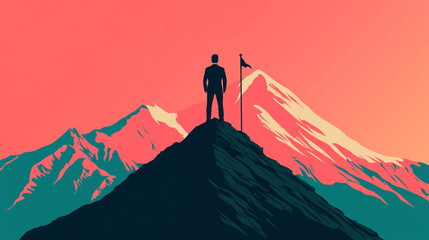 Silhouette of man on mountain peak with flag, symbolizing achievement and triumph against a vibrant sunset sky.