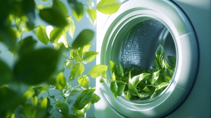 A close-up view of a washing machine drum filled with vibrant green leaves, showcasing a blend of nature and technology. This setting emphasizes sustainable laundry care methods