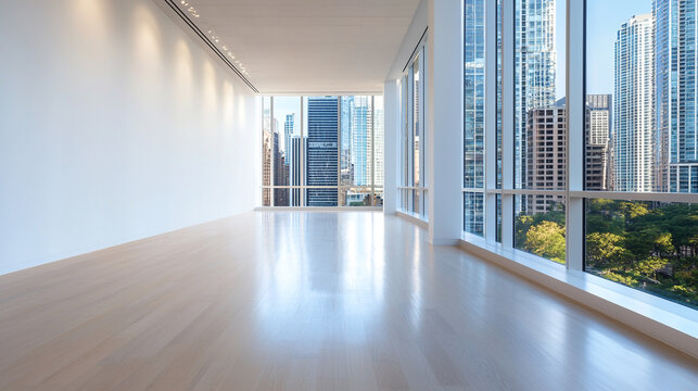 Spacious modern open office with large windows showcasing urban cityscape. Bright and minimal design with natural light.