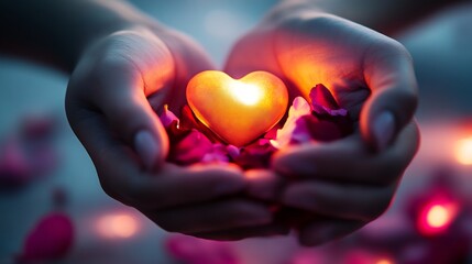 Fototapeta premium Hands holding a heart-shaped candle surrounded by rose petals.
