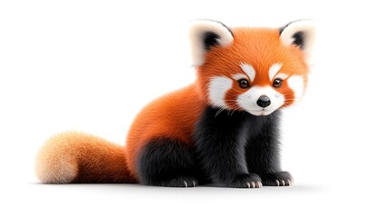 Obraz premium A striking red panda with vivid orange fur, sitting in a relaxed pose with its bushy tail curled around its body, isolated on a white background. Ultra-Realistic, Photo Realistic, highly detailed, 