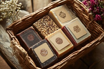 Elegant soap bars with organic labels in a basket.