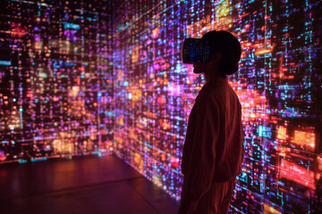 person wearing virtual reality headset stands against vibrant, colorful digital backdrop filled...