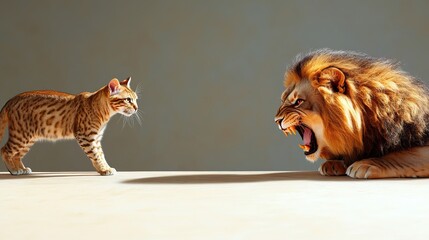 Obraz premium A fierce lion roars at a curious Bengal cat, showcasing a dramatic size difference and contrasting expressions in a bright, neutral setting.