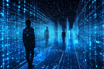 Digital corridor with glowing blue data streams and silhouettes of people walking. futuristic environment evokes sense of exploration and technology