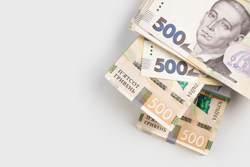 on a white background a pack of hryvnias. Financial concept. Ukrainian money. 500 hryvnias on a white background.