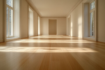Obraz premium Sunlit Empty Room Hardwood Floor Large Windows
