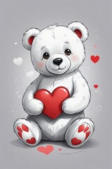 Obraz premium Minimalist Drawing of a Cute White Plush Bear Holding a Red Heart on a Solid Gray Background