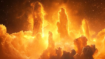 Cosmic pillars of gas in a nebula glowing brightly in yellow and orange tones