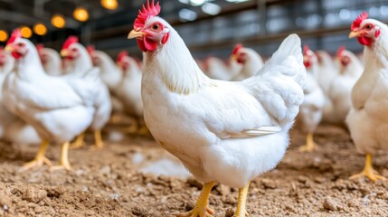 Fototapeta premium Close-up of a white chicken standing confidently in a free-range farm environment surrounded by other hens on dirt ground.