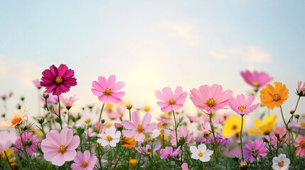 Obraz premium Vibrant field of colorful cosmos flowers under a clear blue sky at sunrise, offering a serene and picturesque view of nature's beauty.