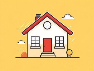 Fototapeta premium A house with a simple door, window and a chimney. The house is situated on a yellow background.