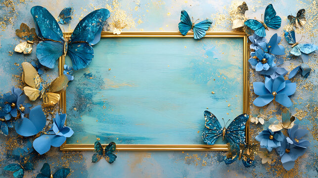fondo pintado al oleo con destellos dorados con un marco vacio con espacio de copia con mariposas y flores azules para dise&ntilde;o decorativo femenino para invitacion