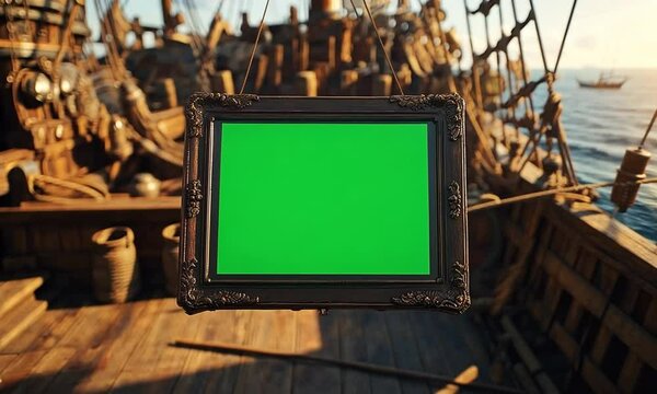Ornate Frame with Green Screen on a Pirate Ship