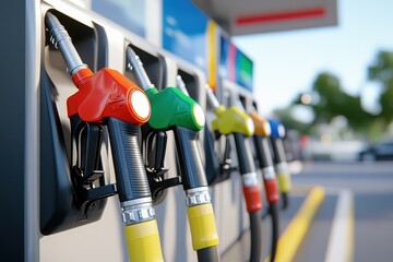 Colorful fuel nozzles at a gas station pump, symbolizing energy and transportation.