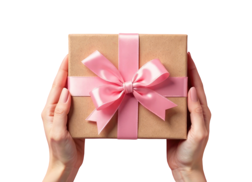 Female Hands holding gift box with pink bow cut out. PNG gift box, retail promotions, discount events and big sale offer