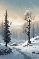 Winter Snowy Landscape with Trees and Snowflakes in a Festive Atmosphere