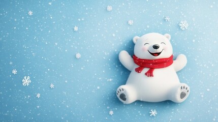 Fototapeta premium Animated bear with red scarf in snowfall, symbolizing winter joy and playfulness.