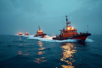 Fototapeta premium Rescue boats navigate through expansive waters, symbolizing hope and determination in the face of vast challenges.