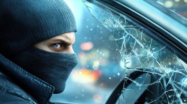 Masked figure with intense gaze behind shattered car window, representing crime and suspense.
