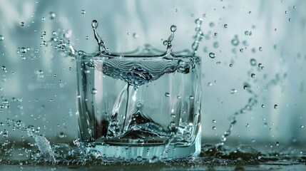 The water splashed dramatically as it hit the glass, sending droplets soaring into the air.
