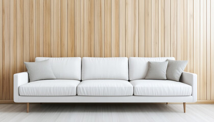 A modern white sofa against a stylish wooden wall, creating a calm and inviting living room atmosphere.