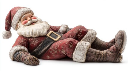 A happy Santa sits, seen from the side, against a white background.