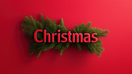 Christmas Garland on Red Background with Festive Greenery and Word Christmas in Bold Red Text for Holiday Season Celebration Design