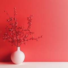 Red background with a vas of red flowers
