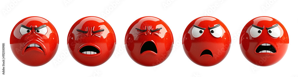 Poster Various 3D cartoon red face emojis display range of angry expressions, isolated on white background. These expressive characters convey intense emotions through exaggerated features