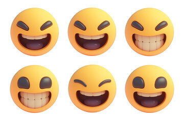 Fototapeta premium Various 3D cartoon grinning face emojis are isolated on white background, showcasing different expressions of joy and laughter. These vibrant and playful emojis convey happiness and amusement