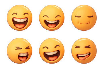 Fototapeta premium Various 3D cartoon emojis with different laughing expressions, including eyes closed and tongue out, isolated on white background. These playful and vibrant emojis convey joy and humor
