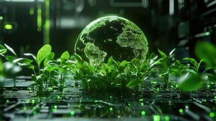 Hologram Earth with Plants on Circuit Board
