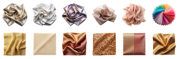 Luxury fabric swatches isolated on transparent background. Includes chiffon, crepe, georgette, organza, rayon, satin, sequin, silk, and tulle textures in various colors PNG set