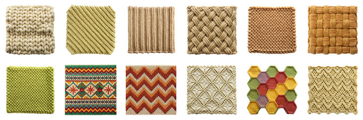 Knitted fabric swatches isolated on transparent background. Includes basketweave, cable, chevron, diagonal, fair isle, honeycomb, lace, moss, openwork, ribbed, and seed stitch patterns PNG set