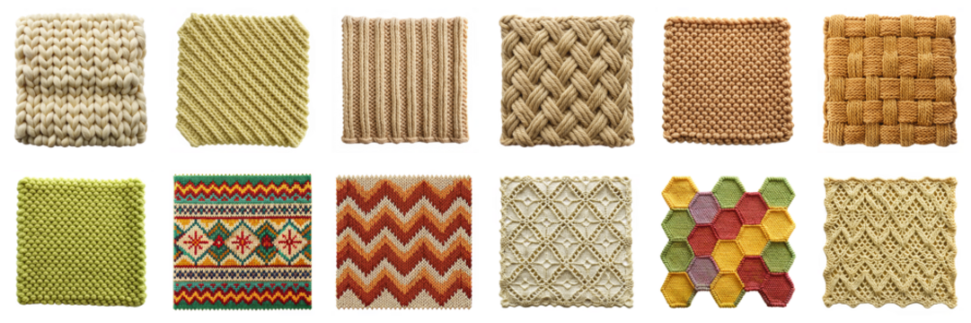 Knitted fabric swatches isolated on transparent background. Includes basketweave, cable, chevron, diagonal, fair isle, honeycomb, lace, moss, openwork, ribbed, and seed stitch patterns PNG set