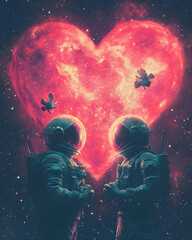 Naklejka premium Two astronauts stand face-to-face against the backdrop of a radiant heart-shaped nebula, with roses floating around them. A symbolic portrayal of love blossoming in the vastness of space
