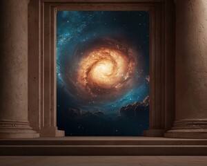 Cosmic Portal with Swirling Galaxy in an Ancient Stone Archway