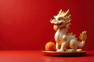 Fototapeta premium Chinese dragon figurine with tangerines on a red background
