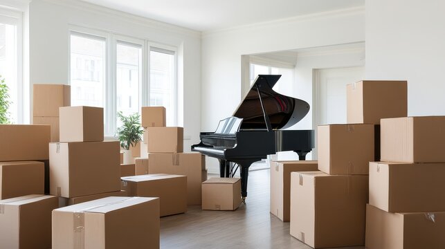 Grand Piano Surrounded by Moving Boxes in Bright and Spacious Living Room Indicating a Relocation or New Beginning in a Modern Home