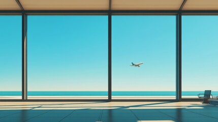 An airport terminal's large window shows a plane flying in a clear blue sky.